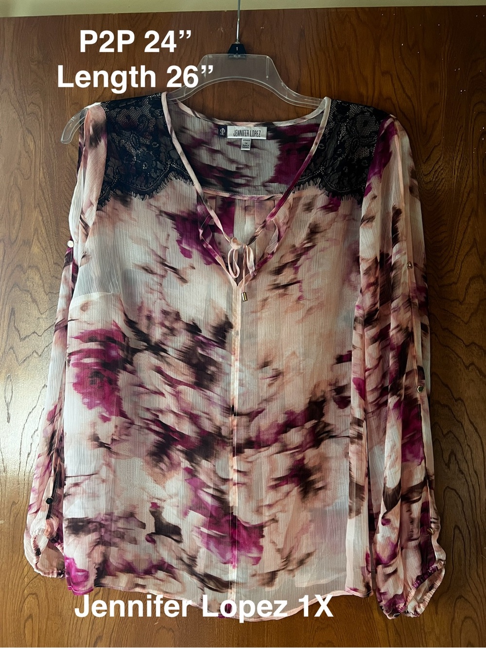 Jennifer Lopez Pink Floral Black LaceTie-Neck Blouse 1X